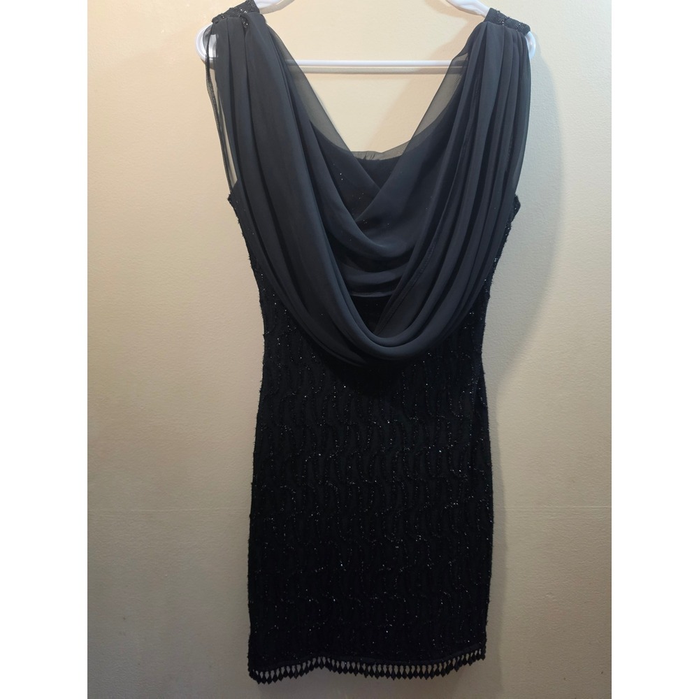Vintage Beaded Cowl Neck Cocktail Mini Dress Black Silk Chiffon 80s 90s XS